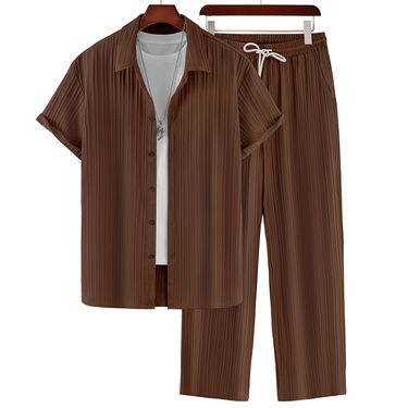 Men's Clothing Thin Breathable Short Sleeved Shirt Suit Men's Striped Three Quarter Sleeve Two Piece Suit_voghion.com