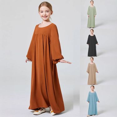 Mother & Kids Middle East Abaya Girls Round Neck Solid Color Pleated Abaya Dress Robe_voghion.com