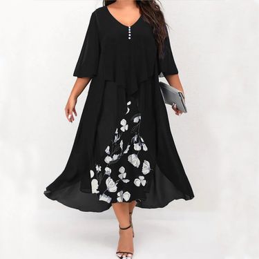 New Women's Chiffon Spliced Fake Two Piece Irregular Mid Sleeve Plus size Dresses_voghion.com