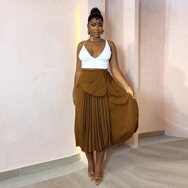Women's Clothing summer new solid color pleated A line half length high waist pleated skirt_voghion.com