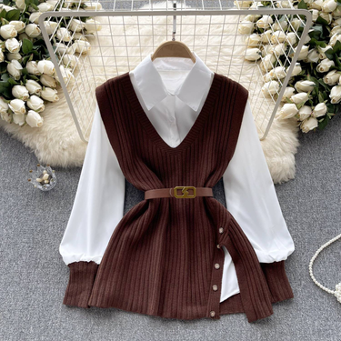 Women's Clothing New Autumn Style Light Mature Style Outer Wear Loose Lapel Stitching White Shirt V Neck Oblique Button Knitted Vest Two Piece Suit_voghion.com