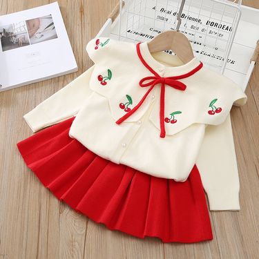 Girls Sweater 2024 Autumn Winter New Fashionable Coat Collar Embroidered Cherry Knitted Children's Two-Piece Set Dress_voghion.com