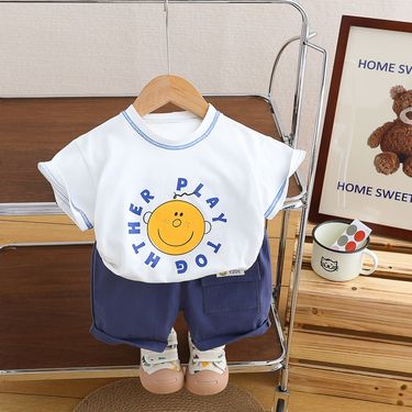 Five Small Seven 2024 Summer Boys' Two Color Smiling Cartoon Short Sleeve Stylish 3 Children's Clothing Thin Set_voghion.com