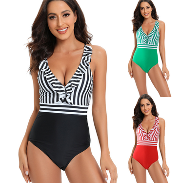 Striped One Piece Swimwear Women's Sexy New Conservative Beach Swimwear_voghion.com