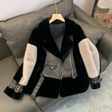 Faux Fur Jacket Women's Fashion Coat - PU Leather Trim, Short Length, Stylish Motorcycle Design, Soft & Warm Winter Outerwear (Black)_voghion.com