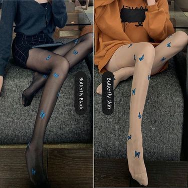 New Style White Pure Desire jk Lori Silk Stockings Fairy Blue Butterfly Printed Black Silk Thin Base Pants for Women_voghion.com