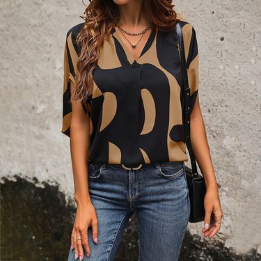 Verve Summer Short Sleeve Loose Casual Pullover V-Neck Abstract Print Shirt For Women_voghion.com
