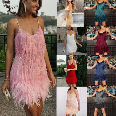 2025 Summer New Fashionable Tassel Sequin Feather Patchwork Color Dress For Women_voghion.com
