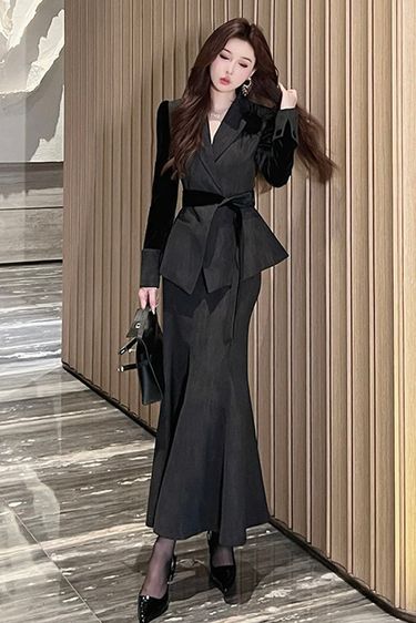 Unique Design Patchwork Jacket + High Waist Skirt Two-Piece Set 2025 Autumn Winter New Slimming High-End Outfit_voghion.com