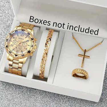 Men's Gold Tone 4-Piece Jewelry Set With Stainless Steel Watch, Chain Bracelet, Cross Pendant Necklace & Ring - Alloy Unisex Accessories (Gold Color)_voghion.com