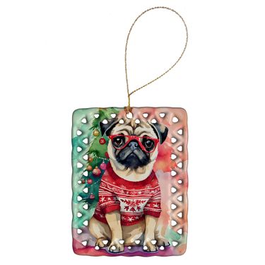 Pug Christmas Porcelain Ornament Christmas Tree Hanging Decorations For Home Christmas Holiday, Rectangle, Gift, Multicolor_voghion.com