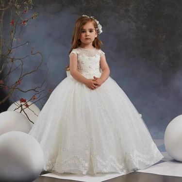 Elegant Lace Princess Dress – Flower Girl & Birthday Party Gown For Girls (Ages 3-8, 100-140cm, White & Ivory)_voghion.com