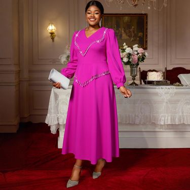 Women's Clothing Tassel Long Sleeve Elegant Temperament Elegant Plus Size Fuchsia Beaded Fringe Long Sleeve V-Neck A-Line Party Dress For Women_voghion.com