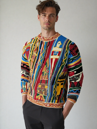 8 Fashion Reto Casual Winte 9 Autumn New 3 Tend National Thick Knit 3D Digital Pint Men's Cew Neck Sweatshit_voghion.com