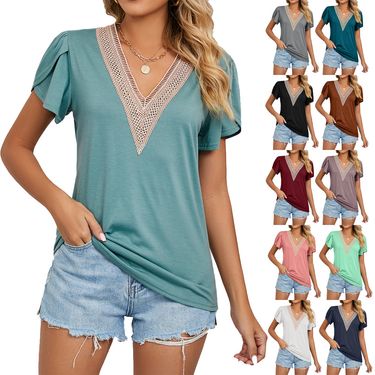Women's Clothing Casual Gold Lace V-neck Tile Short Sleeve Solid Color T-shirt Top_voghion.com
