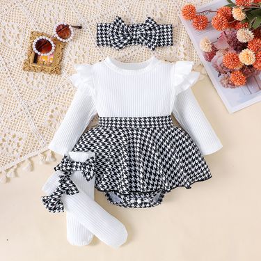 Mother & Kids Baby Girl Suit Flying Sleeves Long Sleeves Romper Pants Skirt Socks Headdress Three Piece Set_voghion.com