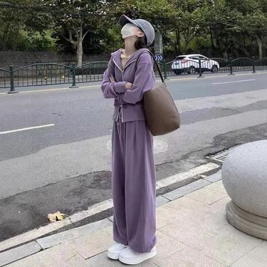 Women's Sports Suit 2025 Autumn New Korean Style Loose Trendy Casual Sweatshirt With Zipper + Wide-leg Pants Two-piece_voghion.com