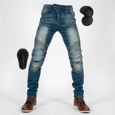 Unisex Motorcycle Riding Jeans – Slim Fit Stretch Denim With Reinforced Protection | Retro Style For Men & Women (Blue/Black)_voghion.com