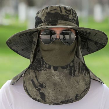 Hot Sale Anti-UV Wide Brim Sun With Face Mask Adjustable Agricultural Work Outing Hiking Fisherman Hat Breathable Beach Bucket_voghion.com