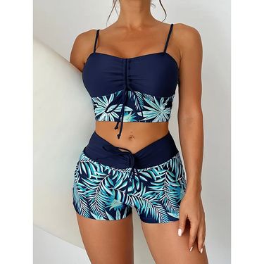 women's split high waist boxer lace-up print solid color splicing print large size swimsuit_voghion.com