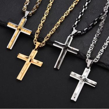 New Convex Stainless Steel Double Layer Cross Pendant Necklace Hip Hop Jewelry Trendy Men's Accessories_voghion.com