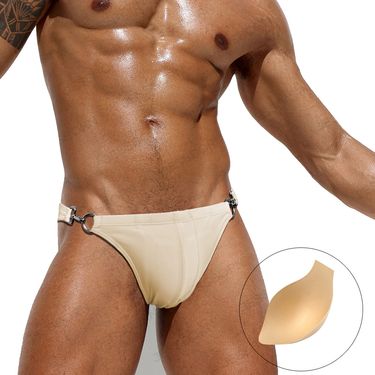 JESSBORN- Men's Bilateral Metal Buckle Triangle Cup Anti Awkwardness Hot Spring Pool Swimming Pants Patent Swimsuit_voghion.com