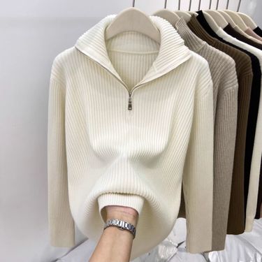 Women's Slim Fit High Neck Zip-Up Sweater Casual Knit Pullover Tops For Autumn Winter - Oatmeal, Beige, Black_voghion.com
