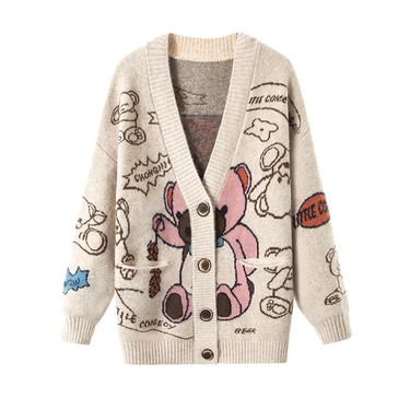 Ladies new versatile lazy style fashionable cartoon bear sweater jacket_voghion.com