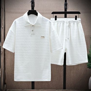 Men's Jacquard White Casual Sports Suit Men's Trend Fashion Brand Shorts Short Sleeves With A Complete Set_voghion.com