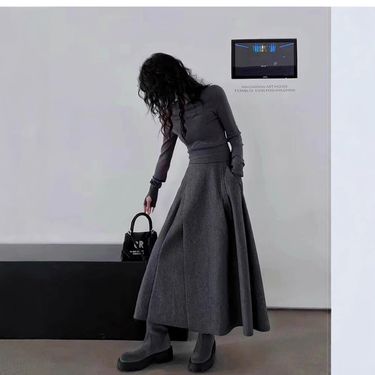 GraceChic Dark Gray Woolen Midi For Women, Autumn Winter 2024 New Thickened High Waist Slimming Draped A-Line Flared Skirt_voghion.com