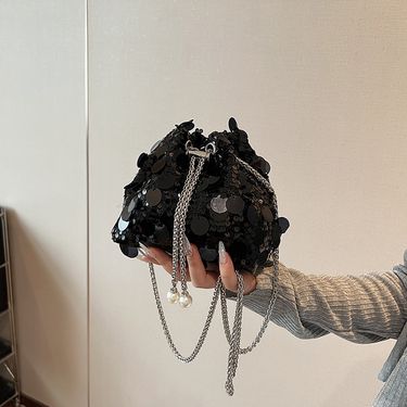 Silver Sequin Single Shoulder Crossbody For Women 2024 New Versatile Ins Style Chain Drawstring Lucky Bucket Bag_voghion.com