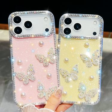 Jewelled Border Pearl Butterfly Glitter Phone Case For IPhone 17 Air 16E 17 16 15 14 13 Pro Max Transparent Cover_voghion.com