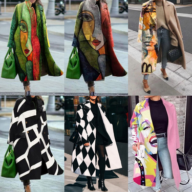 Women's long-sleeved lapel coat printed tweed plus size trench coat_voghion.com