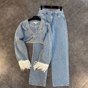 Women's Clothing two piece V neck tassel long sleeved solid color short jacket with high waist wide leg pants denim suit_voghion.com