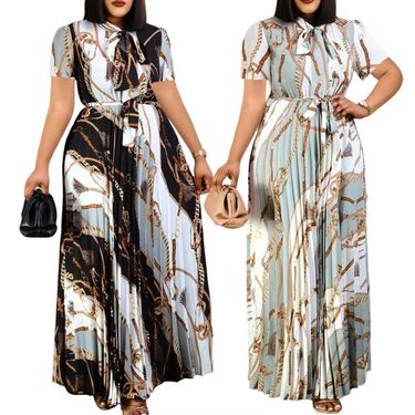 Women's short-sleeved printed pleated straps long skirt plus size _voghion.com