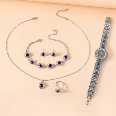 New Ladies Watch Set Sapphire Heart Quartz Watch Bracelet Ring Ring Earrings Necklace Set_voghion.com