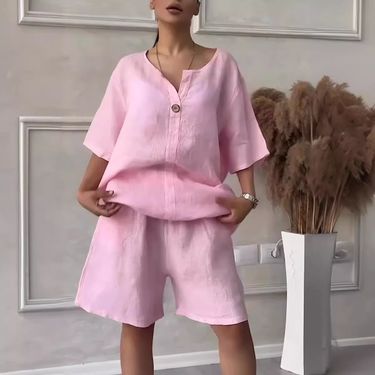 Women's Clothing Summer New Women's 2 Piece Set Large Size Cotton And Linen Shirt Set High Waist Loose Shorts_voghion.com