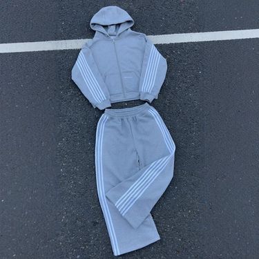 Men's Clothing Trendy Striped Embroidery Zipper Hooded Sweatshirt Sweatpants Two Piece Hip Hop Casual Suit_voghion.com