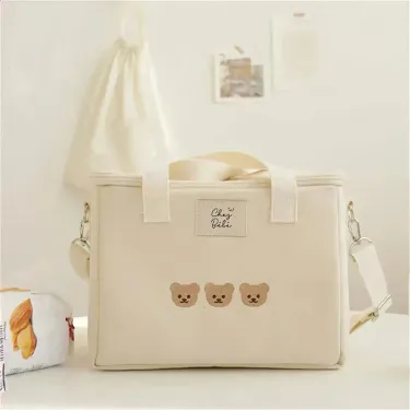 Ins Bear Lunch Bag Canvas Large Capacity Insulation Handbags Multifunctional Thermal Breakfast Box Portable Picnic_voghion.com
