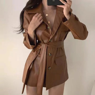 Women's retro handsome dark brown pu leather jacket lace-up mid-length motorcycle leather jacket for women_voghion.com