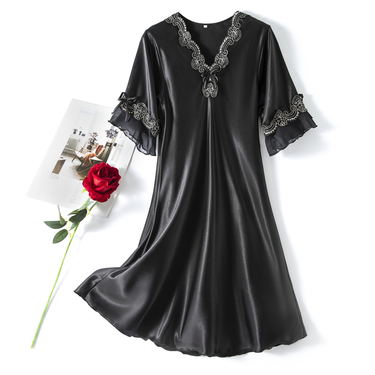 Women's clothing thin satin silk pajamas ruffled edge ladies home clothes embroidered V-neck large size nightdress_voghion.com