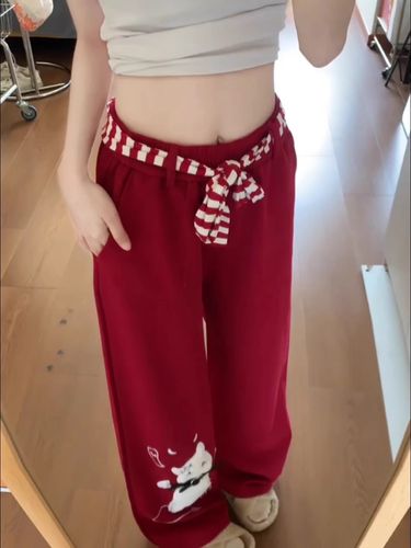 【3D Waistband】New Year Christmas Red Sweatpants For Women Winter Plush Cat Detachable Waistband Sports_voghion.com