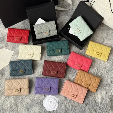 Women's Fashion Designer Keychain Wallet Coin Fold Flap Classic Pattern Caviar Sheepskin Black Mini Purse_voghion.com