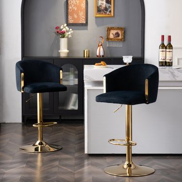 Drehbarer Höhenverstellbarer Barhocker Mit Rückenlehne, Goldenen Füßen, Schwarz (2er Set)_voghion.com