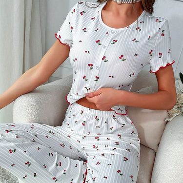 Pajamas Short-sleeved Trousers Set Women's Loungewear,Cherry Pattern Fungus Edge Front Button_voghion.com