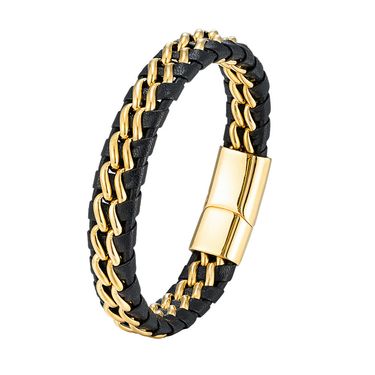 Fashion jewelry, minimalist style, double titanium steel chain, genuine bracelet, trendy punk woven leather rope_viptrois.com