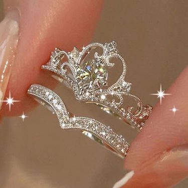 2PCS Fairy Sparkling Crown Rings For Women Teen Crystal Korean Adjustable Silvery Anniversary Gift Party Queen Ring Set Jewelry_voghion.com