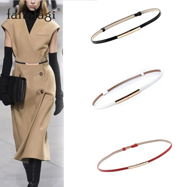 HOT Adjustable Elastic Ladies Dress Waist Slim Leather Women Gold Buckle Black White Blue Skinny Female Belt pasek damski_voghion.com