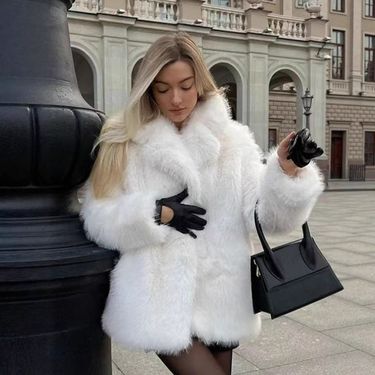 Elegant Faux Fur Coat For Women - Ins Fashion Solid Color Winter Jacket With Notched Lapel, Long Sleeve Mid-Length Outerwear For Office & Casual_voghion.com