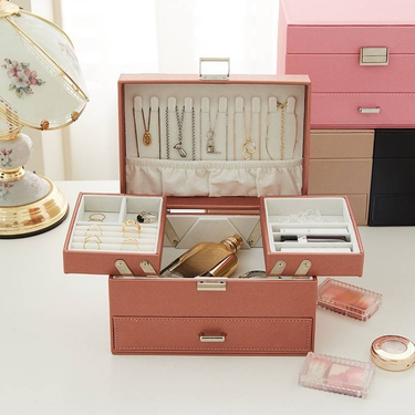 PU Leather Jewelry Box With Drawers - Multi-Layer Storage Organizer For Necklaces, Rings & Bracelets (Large Capacity, Cute Design)_voghion.com